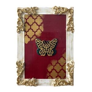 LAST CHANCE SALE! Gold Red BUTTERFLY Painting Mixed Media FRAMED Wall Accent